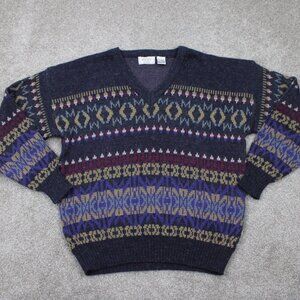 Vintage Sears Mens Store Sweater Men Medium Colorful Grandpa V-Neck Acrylic/Wool